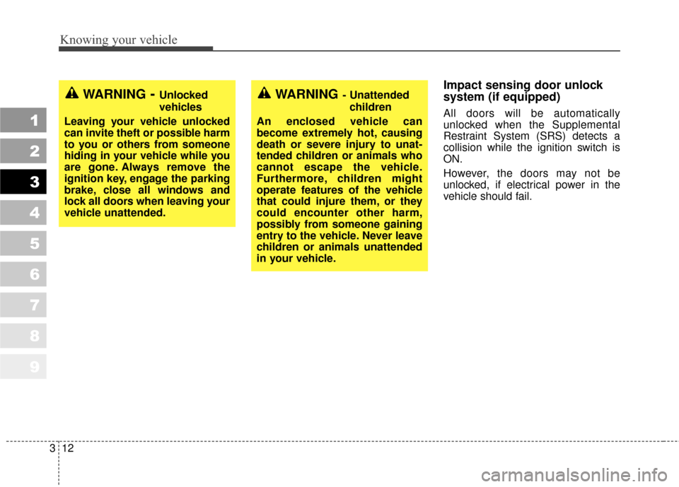 KIA Sportage 2010 SL / 3.G Owners Manual Knowing your vehicle
12
3
1
2
3
4
5
6
7
8
9
Impact sensing door unlock
system (if equipped)
All doors will be automatically
unlocked when the Supplemental
Restraint System (SRS) detects a
collision wh
