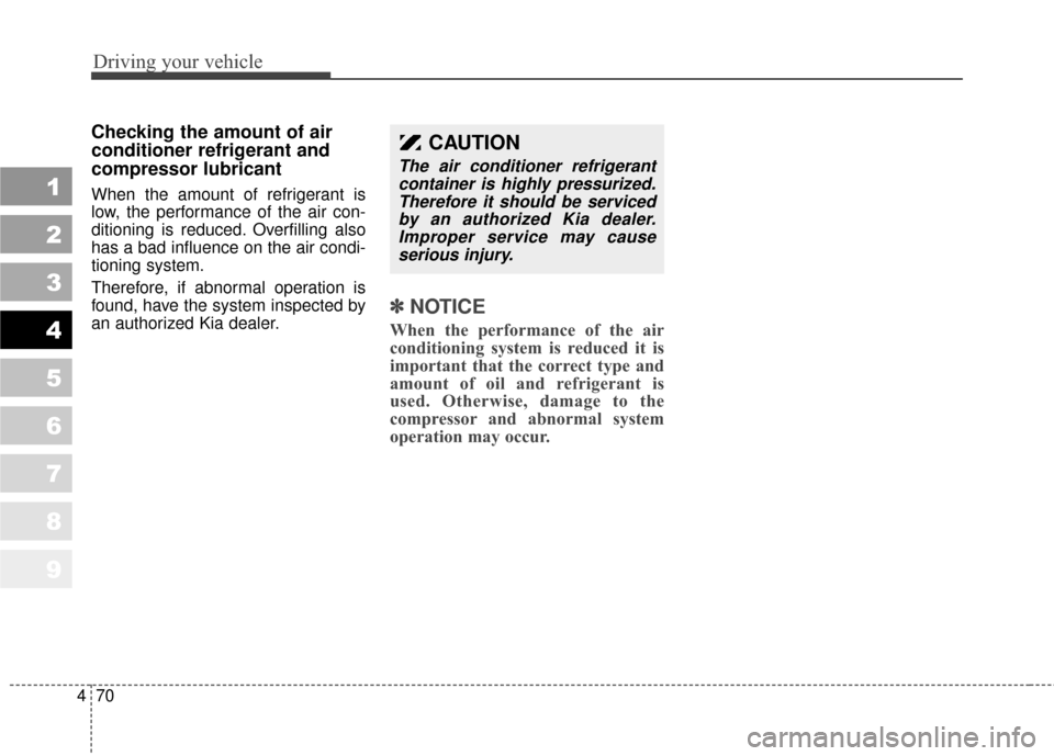 KIA Sportage 2010 SL / 3.G Owners Manual Driving your vehicle
70
4
1
2
3
4
5
6
7
8
9
Checking the amount of air
conditioner refrigerant and
compressor lubricant
When the amount of refrigerant is
low, the performance of the air con-
ditioning