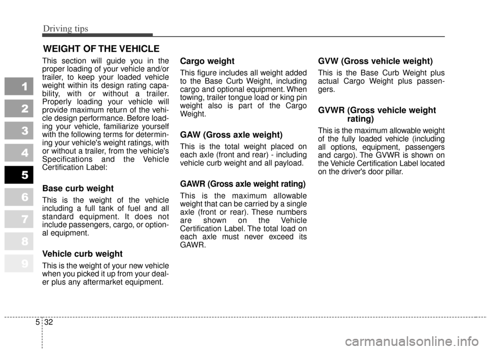 KIA Sportage 2010 SL / 3.G Owners Manual Driving tips
32
5
1
2
3
4
5
6
7
8
9
WEIGHT OF THE VEHICLE 
This section will guide you in the
proper loading of your vehicle and/or
trailer, to keep your loaded vehicle
weight within its design rating