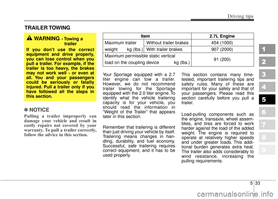 KIA Sportage 2010 SL / 3.G Owners Manual 533
Driving tips
1
2
3
4
5
6
7
8
9
TRAILER TOWING
✽ ✽ NOTICE
Pulling a trailer improperly can
damage your vehicle and result in
costly repairs not covered by your
warranty. To pull a trailer corre