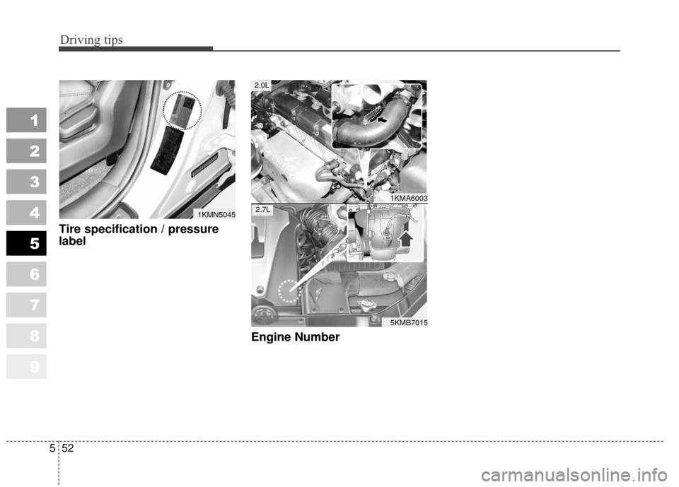 KIA Sportage 2010 SL / 3.G Owners Manual Driving tips
52
5
1
2
3
4
5
6
7
8
9
Tire specification / pressure
label
Engine Number
1KMN5045
1KMA6003
5KMB7015
2.0L
2.7L 