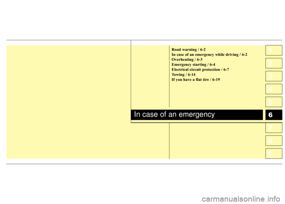 KIA Sportage 2010 SL / 3.G Owners Manual 1
2
3
4
5
6
7
8
9Road warning / 6-2
In case of an emergency while driving / 6-2
Overheating / 6-3
Emergency starting / 6-4
Electrical circuit protection / 6-7
Towing / 6-14
If you have a flat tire / 6