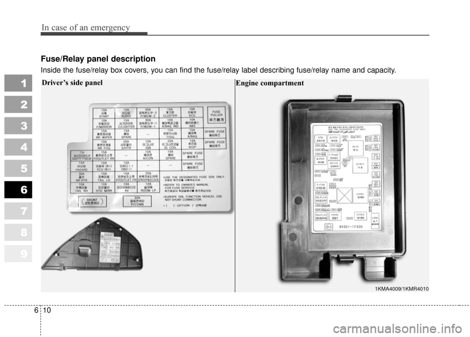 KIA Sportage 2010 SL / 3.G Owners Manual 1
2
3
4
5
6
7
8
9
Fuse/Relay panel description
Inside the fuse/relay box covers, you can find the fuse/relay label describing fuse/relay name and capacity.
In case of an emergency
10
6
Driver’s side