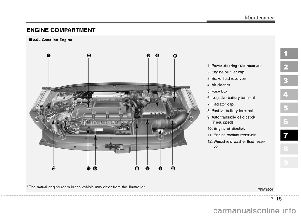 KIA Sportage 2010 SL / 3.G Owners Manual 715
Maintenance
1
2
3
4
5
6
7
8
9
ENGINE COMPARTMENT 
7KMS5001
1. Power steering fluid reservoir
2. Engine oil filler cap
3. Brake fluid reservoir
4. Air cleaner
5. Fuse box
6. Negative battery termin