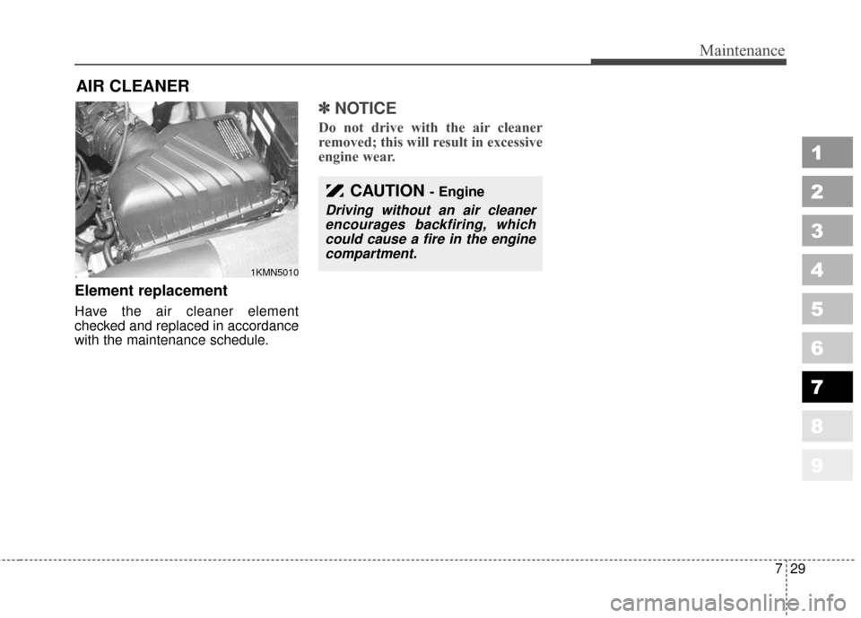 KIA Sportage 2010 SL / 3.G Owners Manual 729
Maintenance
1
2
3
4
5
6
7
8
9
AIR CLEANER
Element replacement
Have the air cleaner element
checked and replaced in accordance
with the maintenance schedule.
✽ ✽NOTICE
Do not drive with the KIA Sportage 2010 SL / 3.G Owners Manual 729
Maintenance
1
2
3
4
5
6
7
8
9
AIR CLEANER
Element replacement
Have the air cleaner element
checked and replaced in accordance
with the maintenance schedule.
✽ ✽NOTICE
Do not drive with the