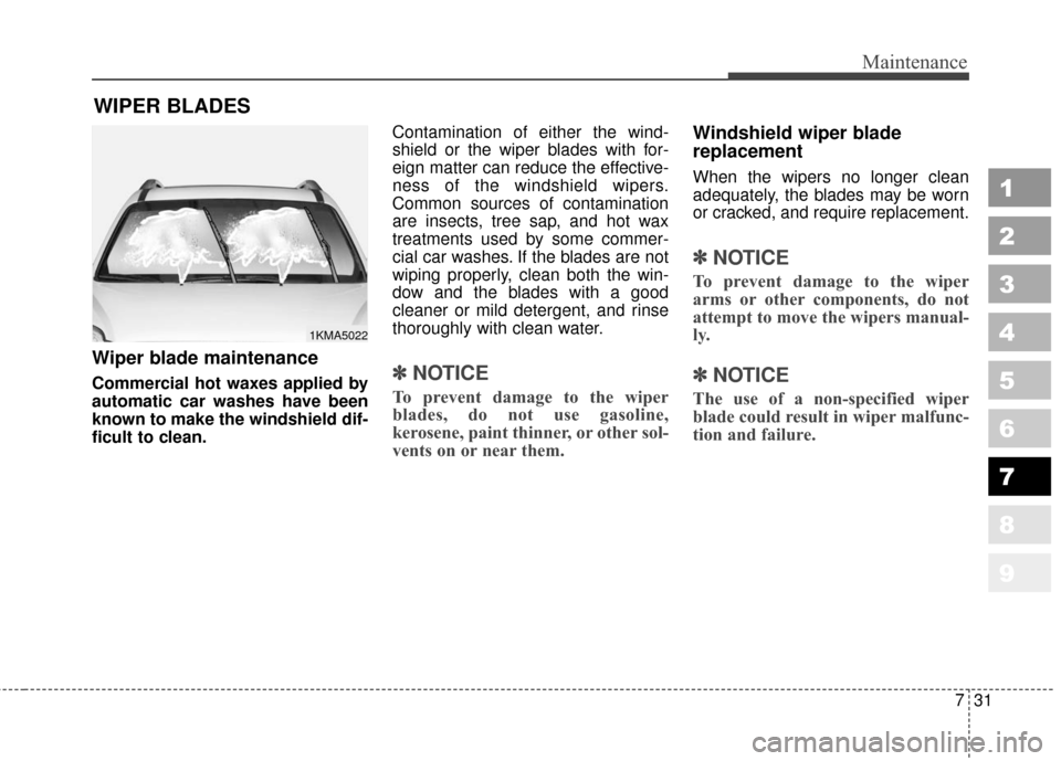 KIA Sportage 2010 SL / 3.G Owners Manual 731
Maintenance
1
2
3
4
5
6
7
8
9
WIPER BLADES 
Wiper blade maintenance  
Commercial hot waxes applied by
automatic car washes have been
known to make the windshield dif-
ficult to clean.Contamination