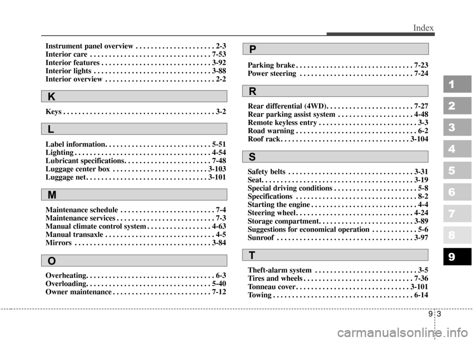 KIA Sportage 2010 SL / 3.G Owners Manual 93
1
2
3
4
5
6
7
8
9
Index
Instrument panel overview . . . . . . . . . . . . . . . . . . . . . 2-3
Interior care . . . . . . . . . . . . . . . . . . . . . . . . . . . . . . . . 7-53
Interior features 