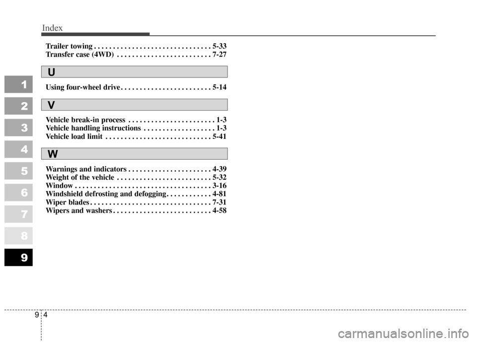 KIA Sportage 2010 SL / 3.G Owners Manual Index
49
1
2
3
4
5
6
7
8
9
Trailer towing . . . . . . . . . . . . . . . . . . . . . . . . . . . . . . . 5-33
Transfer case (4WD) . . . . . . . . . . . . . . . . . . . . . . . . . 7-27
Using four-wheel