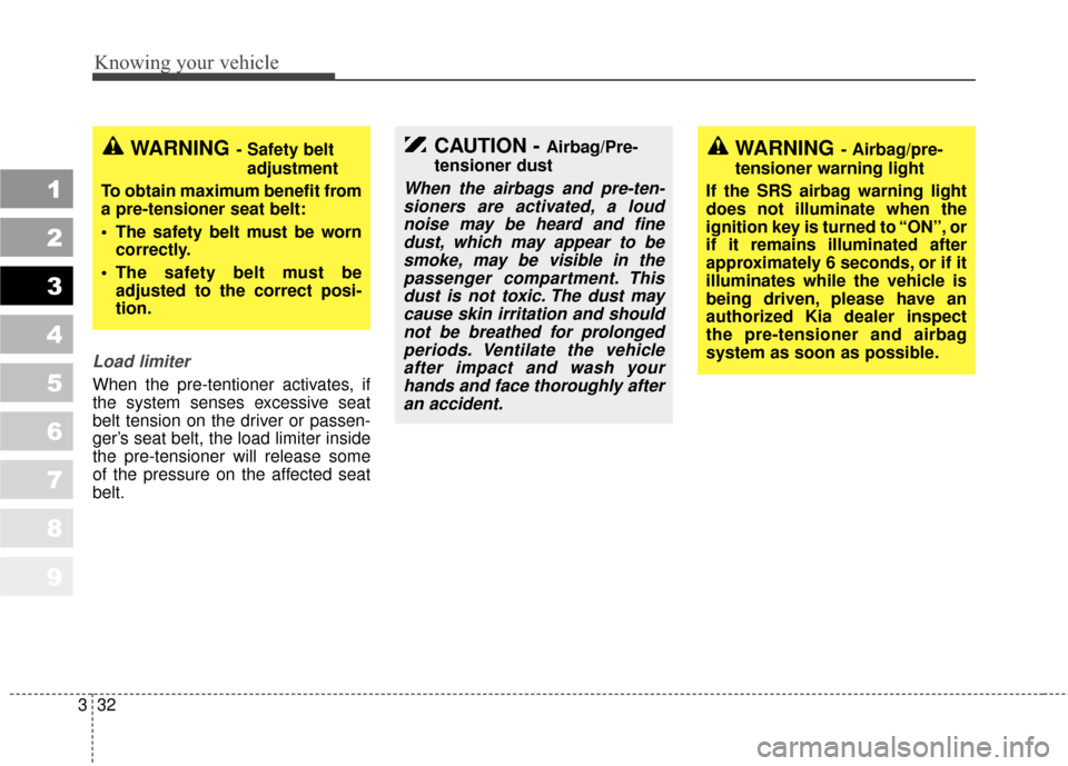 KIA Sportage 2010 SL / 3.G Service Manual Knowing your vehicle
32
3
1
2
3
4
5
6
7
8
9
Load limiter
When the pre-tentioner activates, if
the system senses excessive seat
belt tension on the driver or passen-
ger’s seat belt, the load limiter