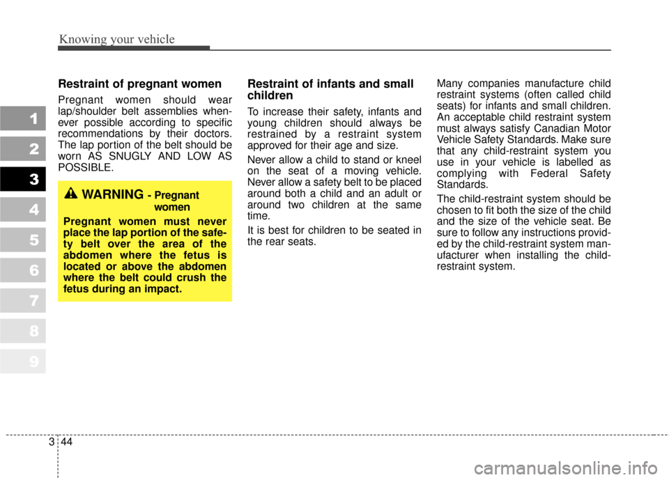KIA Sportage 2010 SL / 3.G Workshop Manual Knowing your vehicle
44
3
1
2
3
4
5
6
7
8
9
Restraint of pregnant women  
Pregnant women should wear
lap/shoulder belt assemblies when-
ever possible according to specific
recommendations by their doc