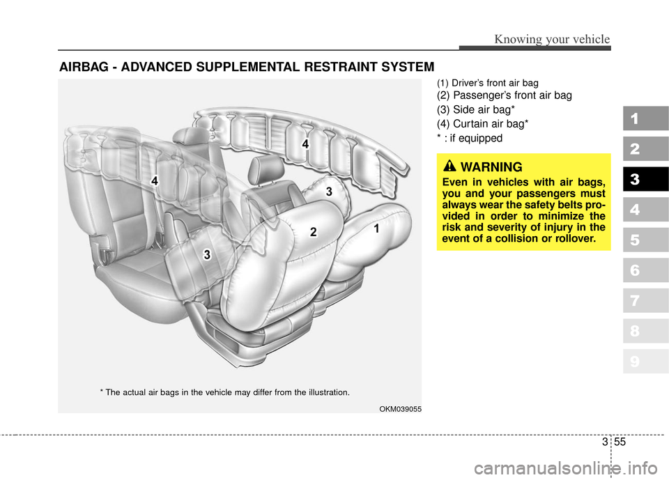 KIA Sportage 2010 SL / 3.G Repair Manual 355
Knowing your vehicle
1
2
3
4
5
6
7
8
9
(1) Driver’s front air bag
(2) Passenger’s front air bag
(3) Side air bag*
(4) Curtain air bag*
* : if equipped
AIRBAG - ADVANCED SUPPLEMENTAL RESTRAINT KIA Sportage 2010 SL / 3.G Repair Manual 355
Knowing your vehicle
1
2
3
4
5
6
7
8
9
(1) Driver’s front air bag
(2) Passenger’s front air bag
(3) Side air bag*
(4) Curtain air bag*
* : if equipped
AIRBAG - ADVANCED SUPPLEMENTAL RESTRAINT