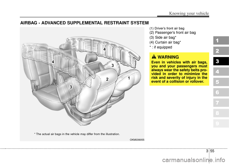 KIA Sportage 2010 SL / 3.G Owners Manual 355
Knowing your vehicle
1
2
3
4
5
6
7
8
9
(1) Driver’s front air bag
(2) Passenger’s front air bag
(3) Side air bag*
(4) Curtain air bag*
* : if equipped
AIRBAG - ADVANCED SUPPLEMENTAL RESTRAINT 