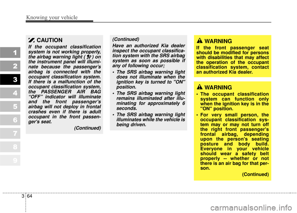 KIA Sportage 2010 SL / 3.G Manual PDF Knowing your vehicle
64
3
1
2
3
4
5
6
7
8
9
CAUTION
If the occupant classification
system is not working properly,the airbag warning light ( ) onthe instrument panel will illumi-nate because the passe
