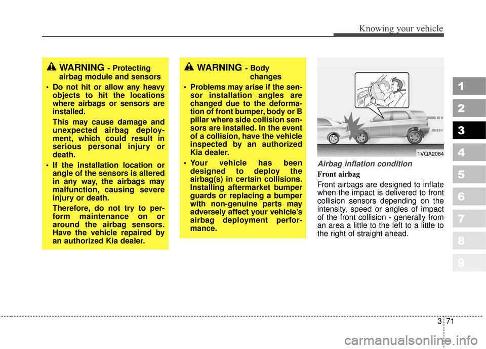 KIA Sportage 2010 SL / 3.G Manual PDF 371
1
2
3
4
5
6
7
8
9
Knowing your vehicle
Airbag inflation condition
Front airbag 
Front airbags are designed to inflate
when the impact is delivered to front
collision sensors depending on the
inten