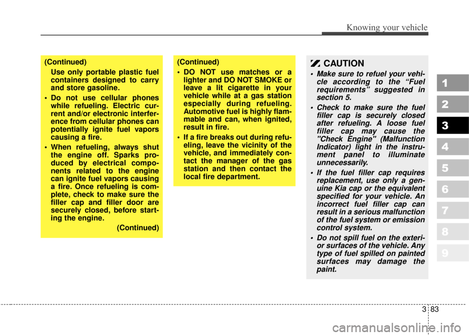 KIA Sportage 2010 SL / 3.G Owners Manual 383
1
2
3
4
5
6
7
8
9
Knowing your vehicle
(Continued)Use only portable plastic fuel
containers designed to carry
and store gasoline.
 Do not use cellular phones while refueling. Electric cur-
rent an