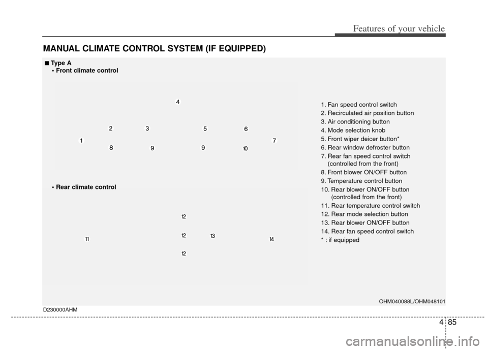 KIA Borrego 2011 1.G Owners Manual 485
Features of your vehicle
MANUAL CLIMATE CONTROL SYSTEM (IF EQUIPPED)
OHM040088L/OHM048101
D230000AHM
■
■Type A • Front climate control
 1. Fan speed control switch
2. Recirculated air positi