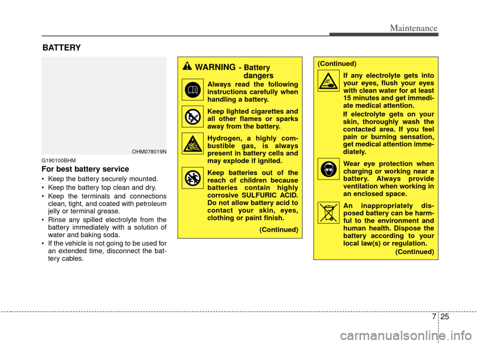 KIA Borrego 2011 1.G Owners Manual 725
Maintenance
BATTERY
G190100BHM
For best battery service
 Keep the battery securely mounted.
 Keep the battery top clean and dry.
 Keep the terminals and connectionsclean, tight, and coated with pe
