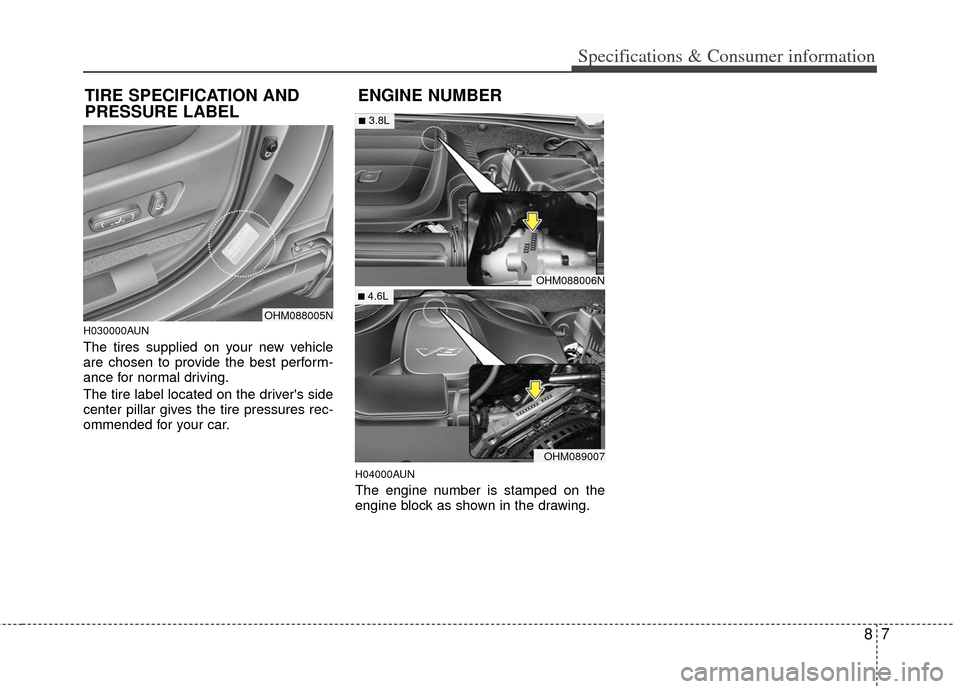 KIA Borrego 2011 1.G Owners Manual 87
Specifications & Consumer information
H030000AUN
The tires supplied on your new vehicle
are chosen to provide the best perform-
ance for normal driving.
The tire label located on the drivers side
KIA Borrego 2011 1.G Owners Manual 87
Specifications & Consumer information
H030000AUN
The tires supplied on your new vehicle
are chosen to provide the best perform-
ance for normal driving.
The tire label located on the drivers side