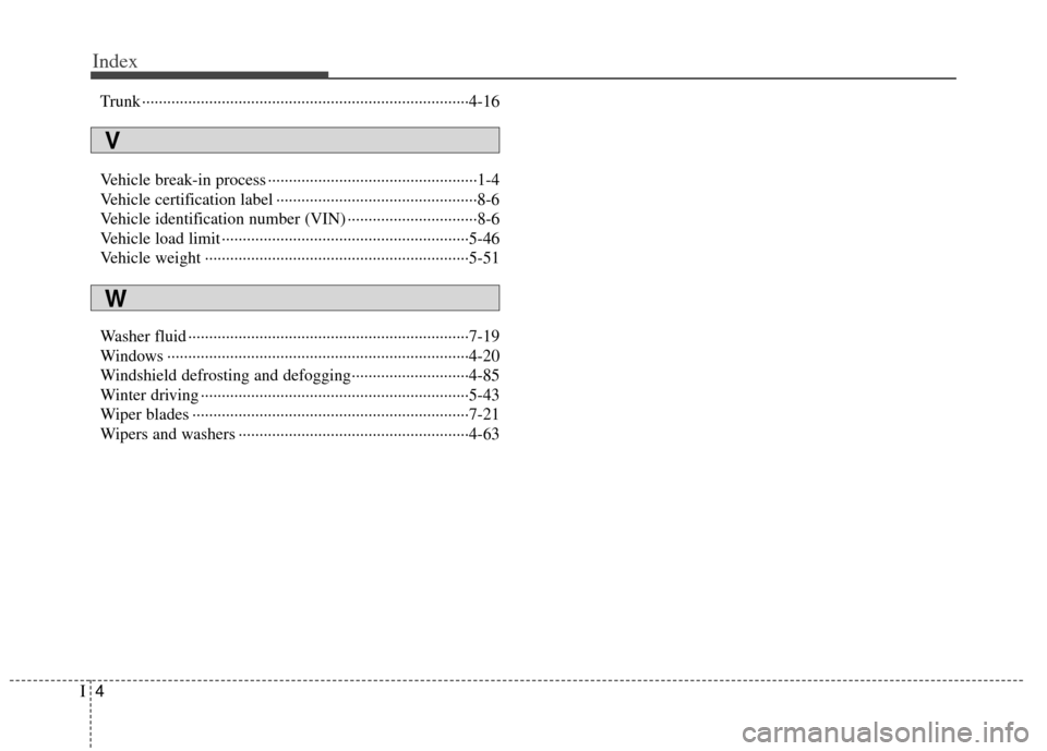 KIA Forte 2011 1.G User Guide Index
4I
Trunk ··················\
··················\
··················\
··················\
······4-16
Vehicle break-in