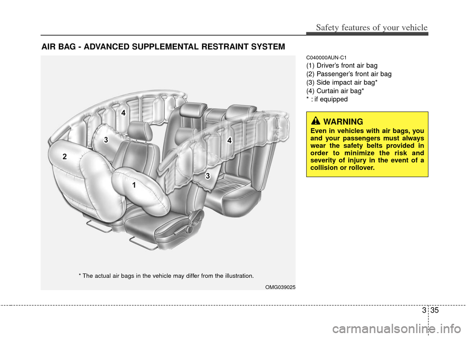 KIA Cerato 2011 1.G Service Manual 335
Safety features of your vehicle
C040000AUN-C1
(1) Driver’s front air bag
(2) Passenger’s front air bag
(3) Side impact air bag*
(4) Curtain air bag*
* : if equipped
AIR BAG - ADVANCED SUPPLEME