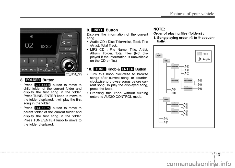 KIA Optima 2011 3.G Owners Guide 4131
Features of your vehicle
8.Button 
 Press button to move to
child folder of the current folder and
display the first song in the folder.
Press TUNE/ ENTER knob to move to
the folder displayed. It