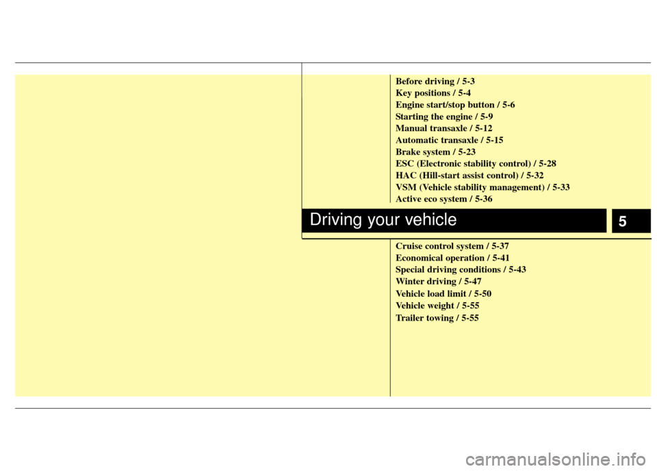 KIA Optima 2011 3.G User Guide 5
Before driving / 5-3
Key positions / 5-4
Engine start/stop button / 5-6
Starting the engine / 5-9
Manual transaxle / 5-12
Automatic transaxle / 5-15
Brake system / 5-23
ESC (Electronic stability con KIA Optima 2011 3.G User Guide 5
Before driving / 5-3
Key positions / 5-4
Engine start/stop button / 5-6
Starting the engine / 5-9
Manual transaxle / 5-12
Automatic transaxle / 5-15
Brake system / 5-23
ESC (Electronic stability con