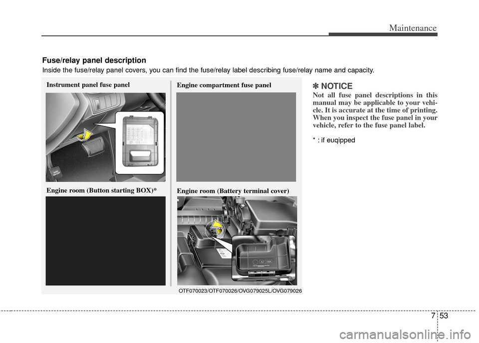 KIA Optima 2011 3.G Owners Manual 753
Maintenance
✽
✽NOTICE
Not all fuse panel descriptions in this
manual may be applicable to your vehi-
cle. It is accurate at the time of printing.
When you inspect the fuse panel in your
vehicl KIA Optima 2011 3.G Owners Manual 753
Maintenance
✽
✽NOTICE
Not all fuse panel descriptions in this
manual may be applicable to your vehi-
cle. It is accurate at the time of printing.
When you inspect the fuse panel in your
vehicl