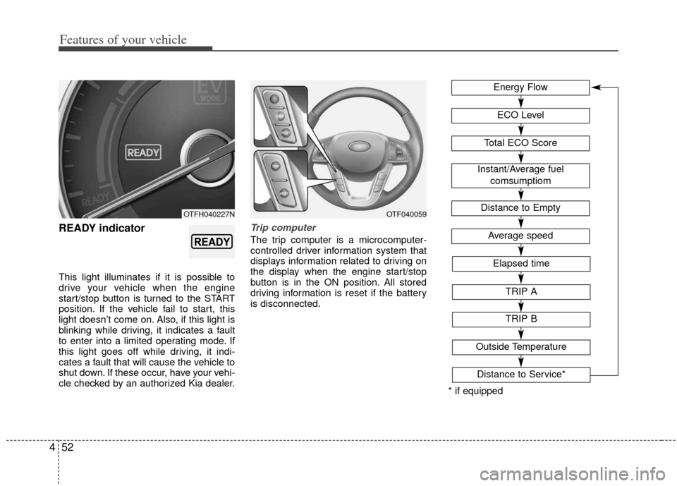 KIA Optima Hybrid 2011 3.G Owners Manual Features of your vehicle
52
4
READY indicator
This light illuminates if it is possible to
drive your vehicle when the engine
start/stop button is turned to the START
position. If the vehicle fail to s KIA Optima Hybrid 2011 3.G Owners Manual Features of your vehicle
52
4
READY indicator
This light illuminates if it is possible to
drive your vehicle when the engine
start/stop button is turned to the START
position. If the vehicle fail to s