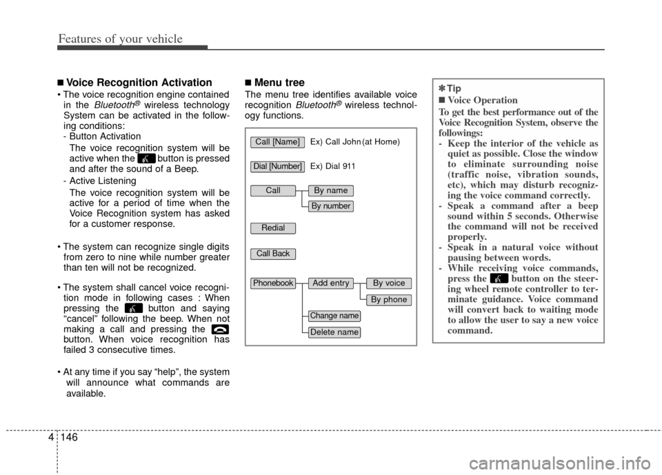 KIA Optima Hybrid 2011 3.G Owners Manual Features of your vehicle
146
4
■Voice Recognition Activation

in the Bluetooth®wireless technology
System can be activated in the follow-
ing conditions:
- Button Activation
The voice recognition s