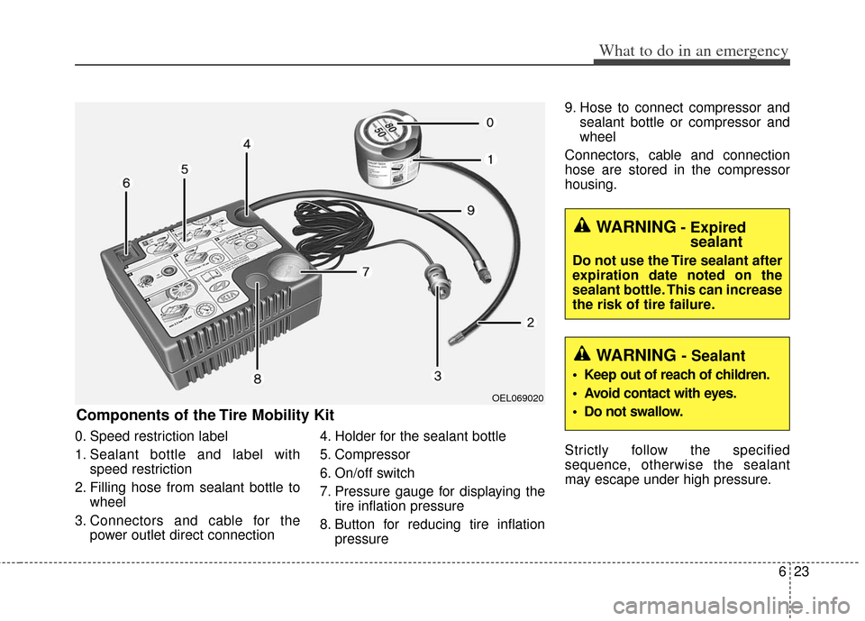KIA Optima Hybrid 2011 3.G Owners Manual 623
What to do in an emergency
0. Speed restriction label
1. Sealant bottle and label withspeed restriction
2. Filling hose from sealant bottle to wheel
3. Connectors and cable for the power outlet di KIA Optima Hybrid 2011 3.G Owners Manual 623
What to do in an emergency
0. Speed restriction label
1. Sealant bottle and label withspeed restriction
2. Filling hose from sealant bottle to wheel
3. Connectors and cable for the power outlet di