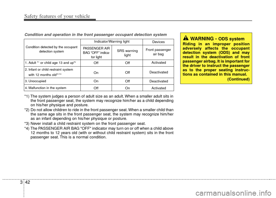 KIA Optima Hybrid 2011 3.G Workshop Manual Safety features of your vehicle
42
3
WARNING - ODS system
Riding in an improper position
adversely affects the occupant
detection system (ODS) and may
result in the deactivation of front
passenger air
