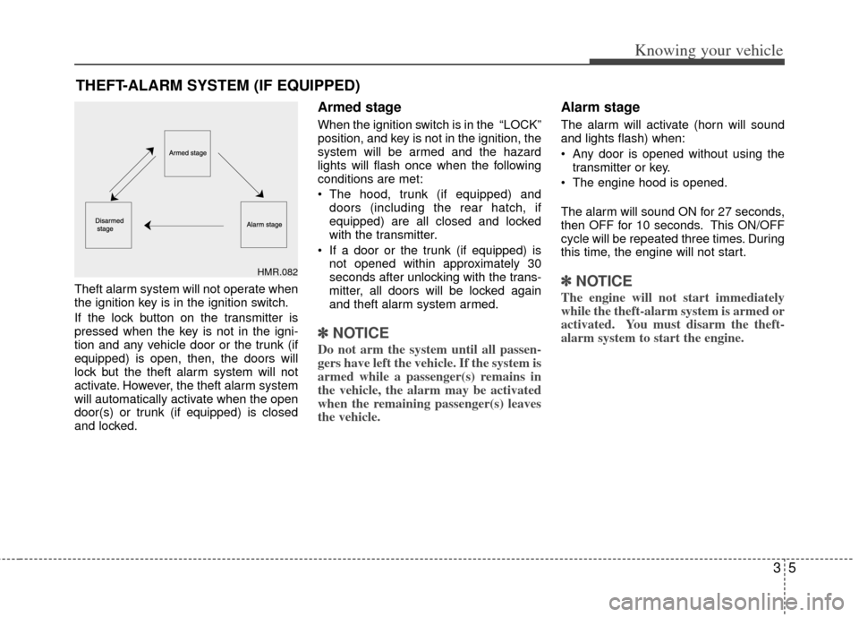 KIA Rio 2011 2.G Owners Manual 35
Knowing your vehicle
Theft alarm system will not operate when
the ignition key is in the ignition switch.
If the lock button on the transmitter is
pressed when the key is not in the igni-
tion and 