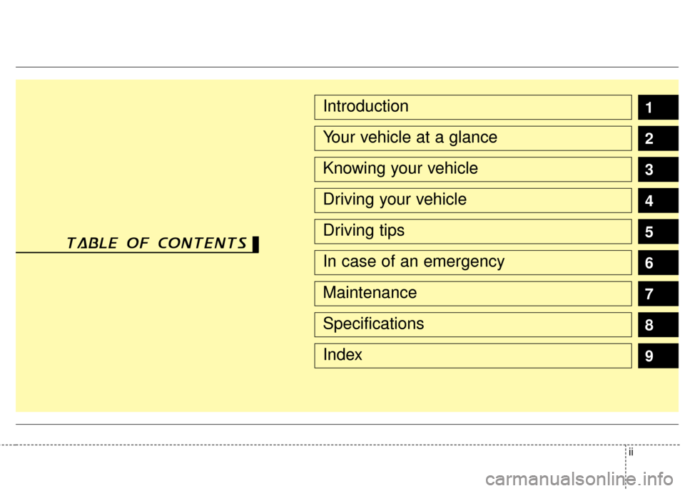 KIA Rio 2011 2.G Owners Manual ii
1
2
3
4
5
6
7
8Introduction
Your vehicle at a glance
Knowing your vehicle
Driving your vehicle
Driving tips
In case of an emergency
Maintenance
Specifications
Index
table of contents
9 KIA Rio 2011 2.G Owners Manual ii
1
2
3
4
5
6
7
8Introduction
Your vehicle at a glance
Knowing your vehicle
Driving your vehicle
Driving tips
In case of an emergency
Maintenance
Specifications
Index
table of contents
9