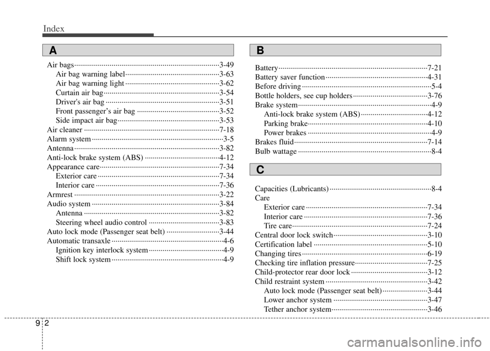 KIA Rio 2011 2.G Owners Manual Index
29
Air bags··················\
··················\
··················\
··················\
··3-49Air bag warning label·