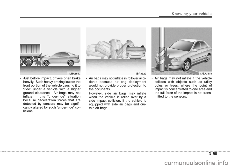 KIA Rio 2011 2.G Owners Manual 359
Knowing your vehicle
 Just before impact, drivers often brakeheavily. Such heavy braking lowers the
front portion of the vehicle causing it to
“ride” under a vehicle with a higher
ground clear