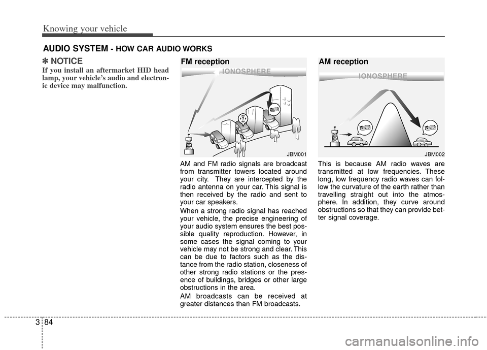 KIA Rio 2011 2.G Owners Manual Knowing your vehicle
84
3
✽
✽
NOTICE
If you install an aftermarket HID head
lamp, your vehicle’s audio and electron-
ic device may malfunction.
AM and FM radio signals are broadcast
from transmi KIA Rio 2011 2.G Owners Manual Knowing your vehicle
84
3
✽
✽
NOTICE
If you install an aftermarket HID head
lamp, your vehicle’s audio and electron-
ic device may malfunction.
AM and FM radio signals are broadcast
from transmi
