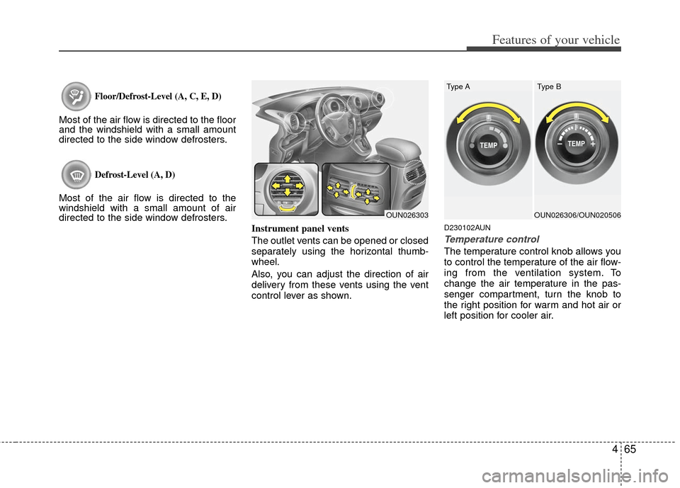 KIA Carens 2011 2.G Owners Manual 465
Features of your vehicle
Floor/Defrost-Level (A, C, E, D)
Most of the air flow is directed to the floor
and the windshield with a small amount
directed to the side window defrosters.
Defrost-Level