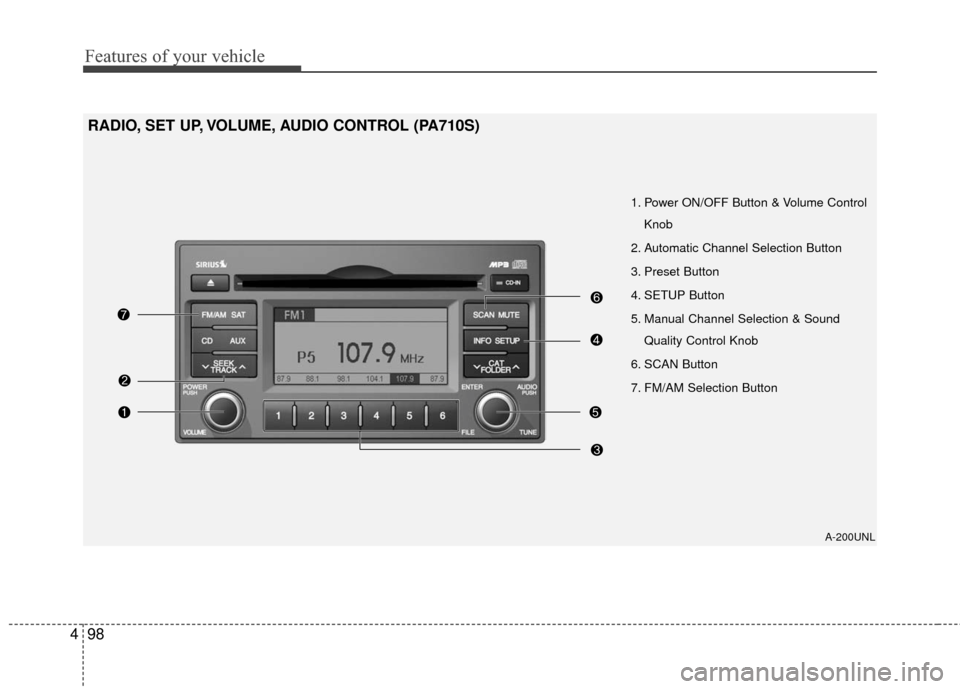 KIA Carens 2011 2.G Owners Manual Features of your vehicle
98
4
A-200UNL
1. Power ON/OFF Button & Volume Control
Knob
2. Automatic Channel Selection Button
3. Preset Button
4. SETUP Button
5. Manual Channel Selection & Sound Quality C