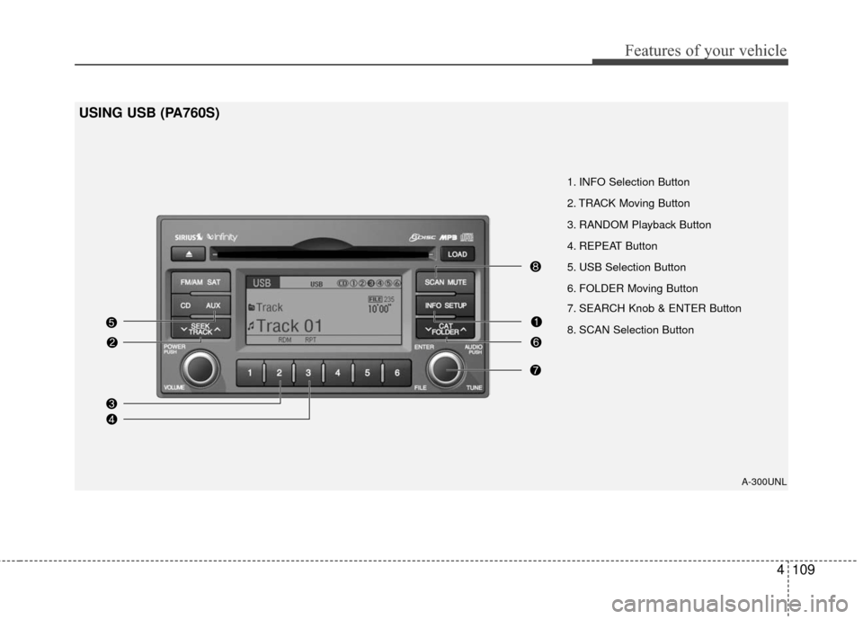 KIA Rondo 2011 2.G Owners Manual 4109
Features of your vehicle
USING USB (PA760S)
A-300UNL
1. INFO Selection Button
2. TRACK Moving Button
3. RANDOM Playback Button
4. REPEAT Button
5. USB Selection Button
6. FOLDER Moving Button
7. 