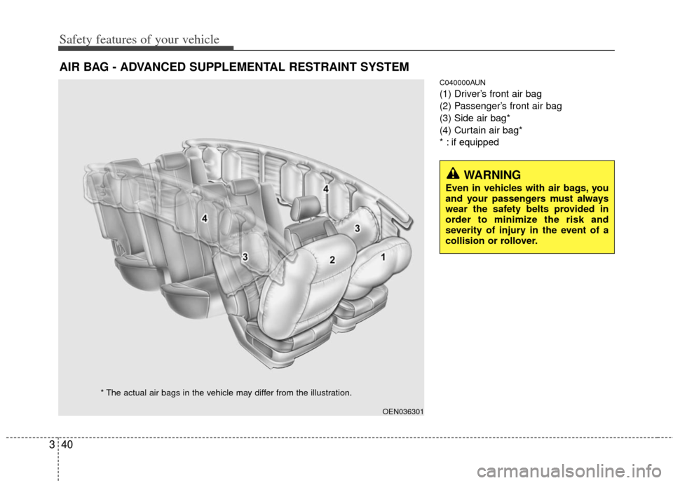 KIA Carens 2011 2.G Workshop Manual Safety features of your vehicle
40
3
C040000AUN
(1) Driver’s front air bag
(2) Passenger’s front air bag
(3) Side air bag*
(4) Curtain air bag*
* : if equipped
AIR BAG - ADVANCED SUPPLEMENTAL REST