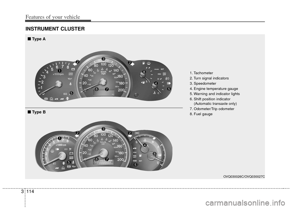 KIA Sedona 2011 2.G Owners Guide Features of your vehicle
114
3
INSTRUMENT CLUSTER
1. Tachometer 
2. Turn signal indicators
3. Speedometer
4. Engine temperature gauge
5. Warning and indicator lights
6. Shift position indicator 
(Auto