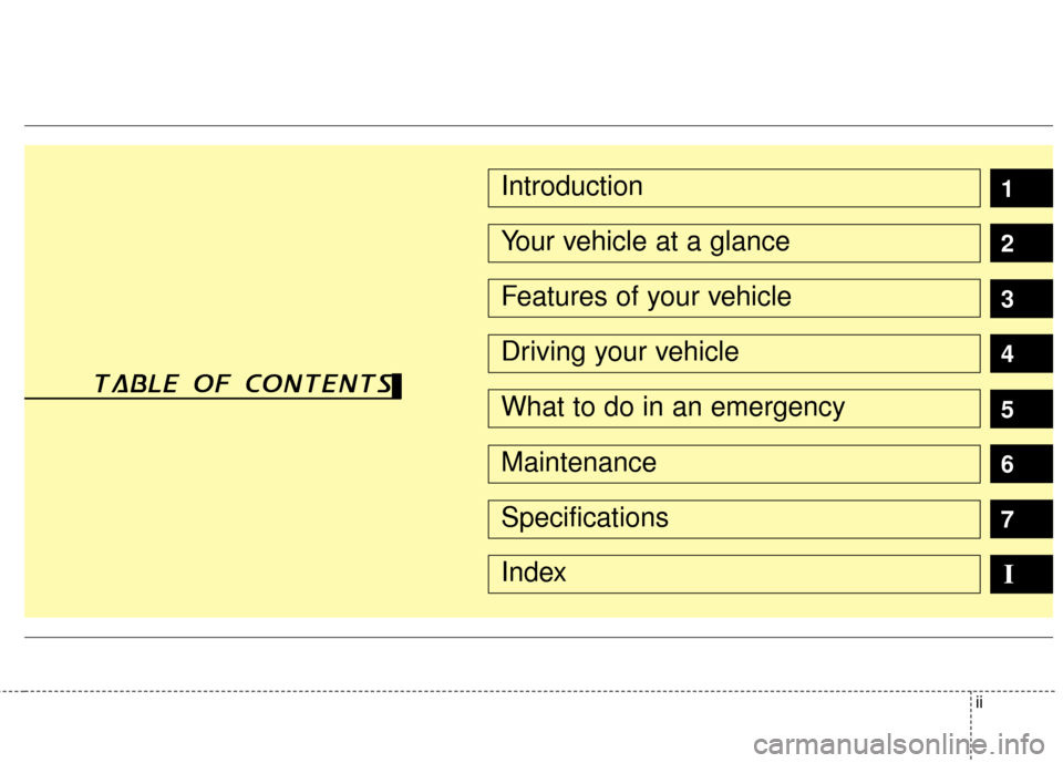 KIA Sedona 2011 2.G Owners Manual ii
1
2
3
4
5
6
7
I
Introduction
Your vehicle at a glance
Features of your vehicle
Driving your vehicle
What to do in an emergency
Maintenance
Specifications
Index
table of contents KIA Sedona 2011 2.G Owners Manual ii
1
2
3
4
5
6
7
I
Introduction
Your vehicle at a glance
Features of your vehicle
Driving your vehicle
What to do in an emergency
Maintenance
Specifications
Index
table of contents