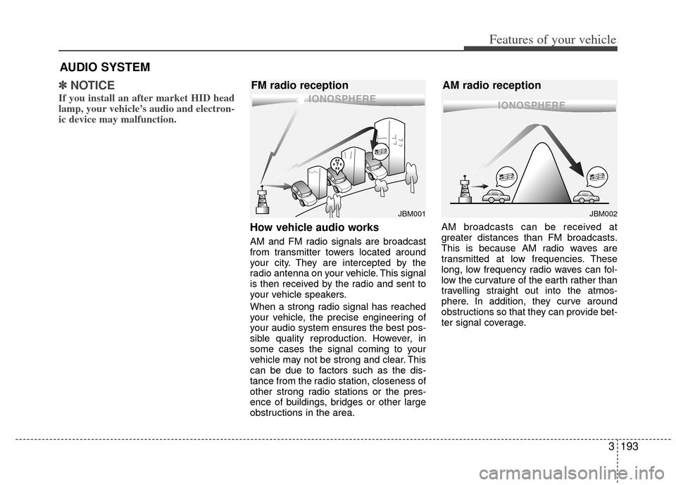 KIA Sedona 2011 2.G Service Manual 3193
Features of your vehicle
✽
✽NOTICE
If you install an after market HID head
lamp, your vehicle’s audio and electron-
ic device may malfunction.
How vehicle audio works
AM and FM radio signal