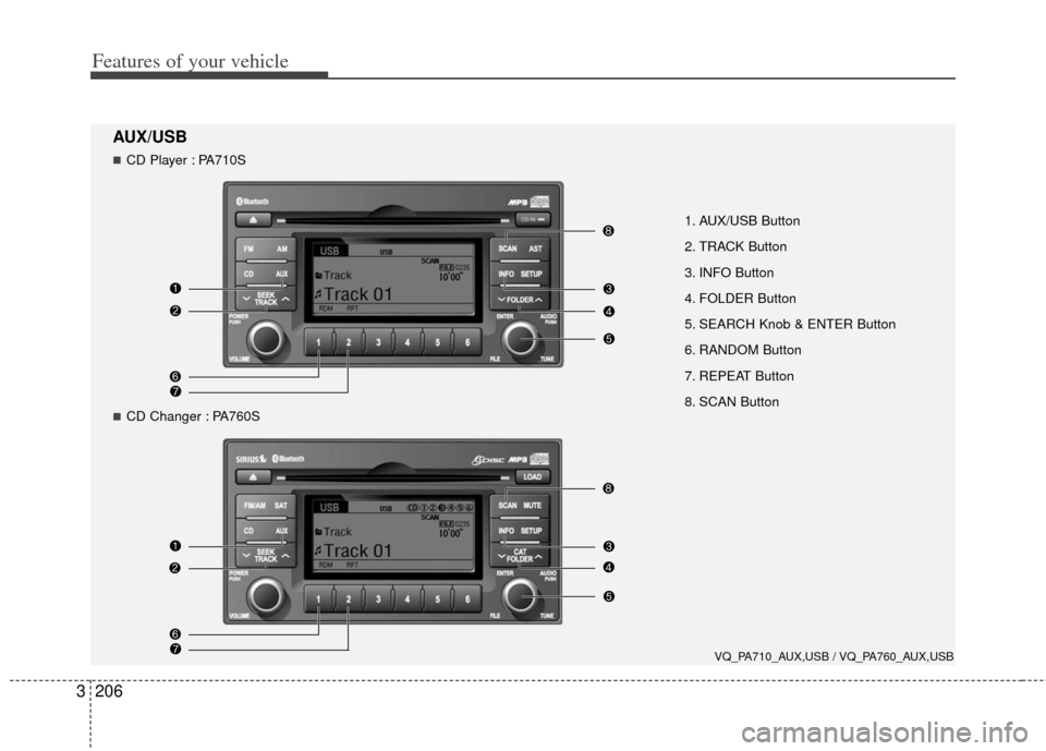 KIA Sedona 2011 2.G Owners Manual Features of your vehicle
206
3
1. AUX/USB Button
2. TRACK Button
3. INFO Button
4. FOLDER Button
5. SEARCH Knob & ENTER Button
6. RANDOM Button
7. REPEAT Button
8. SCAN Button
VQ_PA710_AUX,USB / VQ_PA