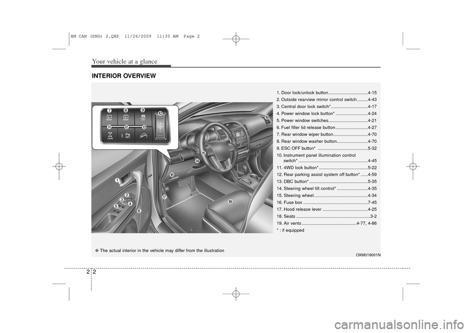 KIA Sorento 2011 2.G User Guide Your vehicle at a glance22INTERIOR OVERVIEW
OXM019001N
1. Door lock/unlock button.................................4-15
2. Outside rearview mirror control switch .........4-43
3. Central door lock swit KIA Sorento 2011 2.G User Guide Your vehicle at a glance22INTERIOR OVERVIEW
OXM019001N
1. Door lock/unlock button.................................4-15
2. Outside rearview mirror control switch .........4-43
3. Central door lock swit