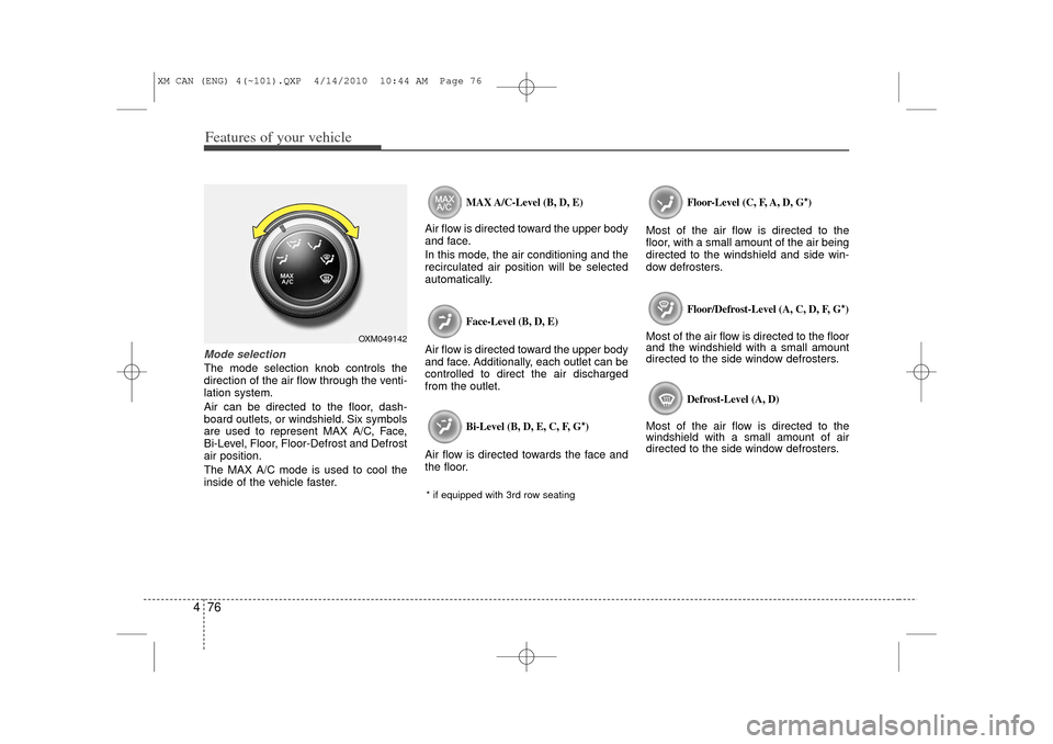 KIA Sorento 2011 2.G Owners Manual Features of your vehicle76
4Mode selectionThe mode selection knob controls the
direction of the air flow through the venti-
lation system.
Air can be directed to the floor, dash-
board outlets, or win