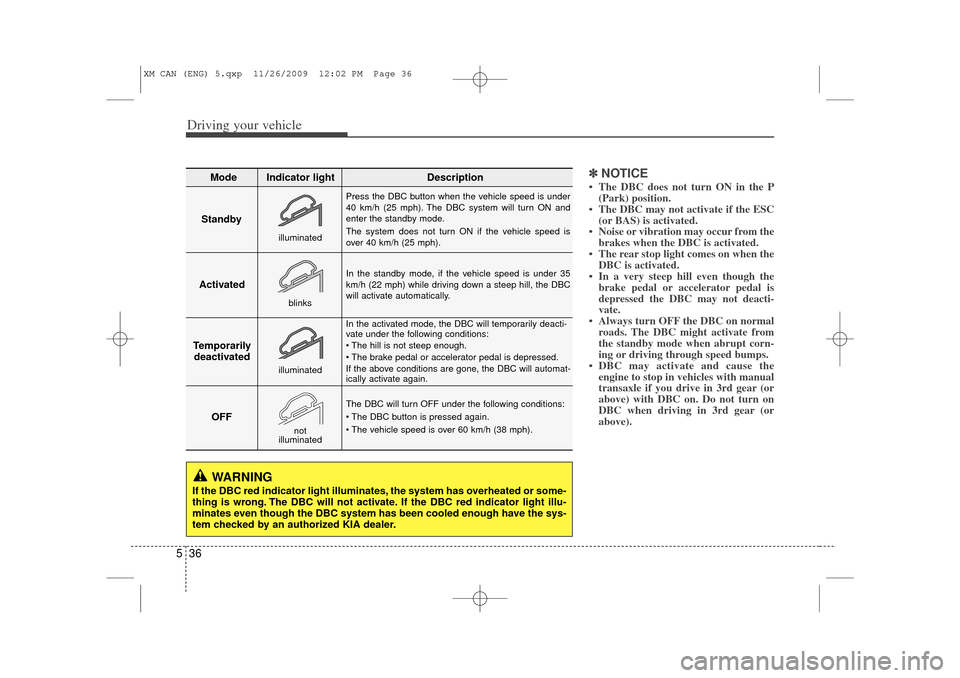 KIA Sorento 2011 2.G Owners Manual Driving your vehicle36
5
✽
✽
NOTICE• The DBC does not turn ON in the P
(Park) position.
• The DBC may not activate if the ESC (or BAS) is activated.
• Noise or vibration may occur from the b