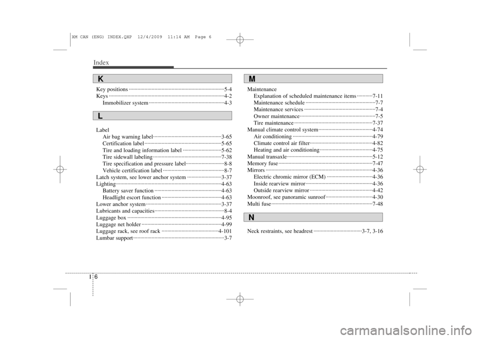 KIA Sorento 2011 2.G Owners Manual Index6I
Key positions ··················\
··················\
··················\
·············5-4
Keys ··············�