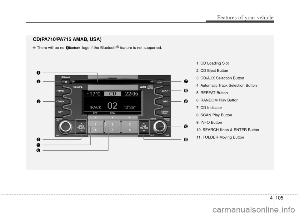 KIA Soul 2011 1.G Owners Manual 4105
Features of your vehicle
1. CD Loading Slot
2. CD Eject Button
3. CD/AUX Selection Button
4. Automatic Track Selection Button
5. REPEAT Button
6. RANDOM Play Button
7. CD Indicator
8. SCAN Play B KIA Soul 2011 1.G Owners Manual 4105
Features of your vehicle
1. CD Loading Slot
2. CD Eject Button
3. CD/AUX Selection Button
4. Automatic Track Selection Button
5. REPEAT Button
6. RANDOM Play Button
7. CD Indicator
8. SCAN Play B