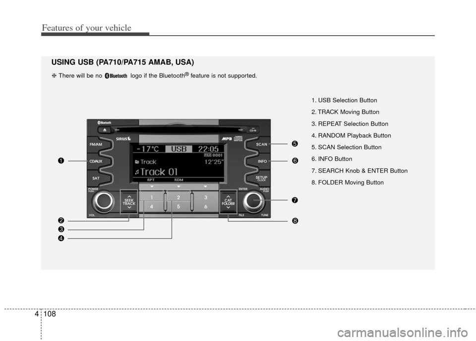 KIA Soul 2011 1.G Owners Manual Features of your vehicle
108
4
1. USB Selection Button
2. TRACK Moving Button
3. REPEAT Selection Button
4. RANDOM Playback Button
5. SCAN Selection Button
6. INFO Button
7. SEARCH Knob & ENTER Button